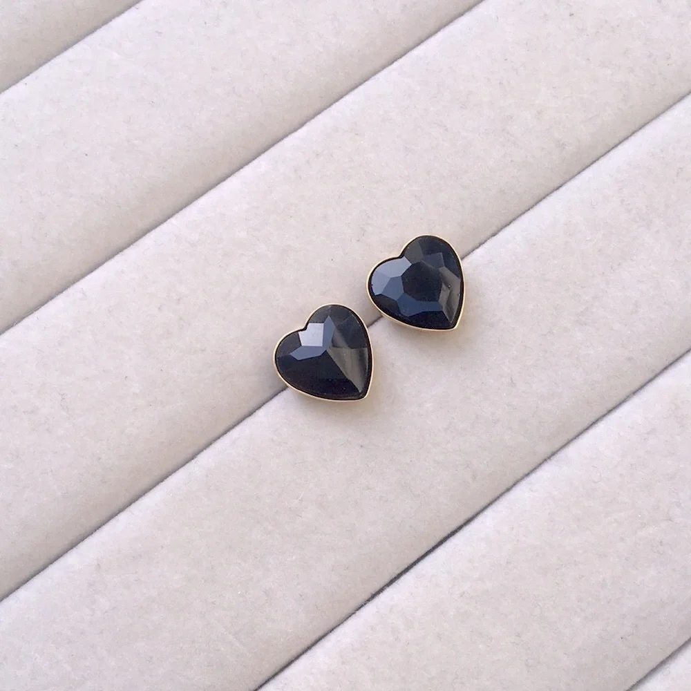 Onyx Jet Black + Gold Crystal Heart Earrings